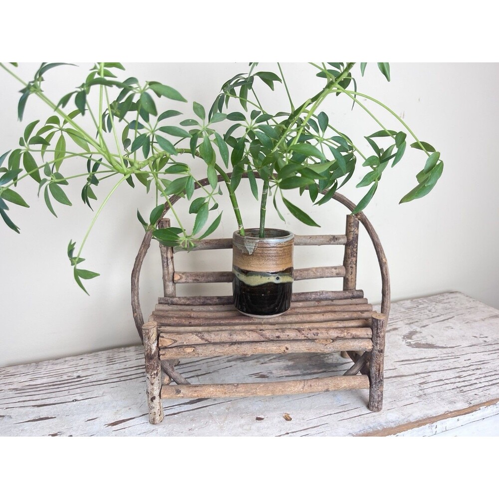 Vintage Rustic Twig Bench Chair: Plant Stand Garden Decor For Plants Dolls 12”